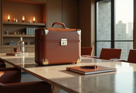 luxury suitcase stylish workspace modern conference table elegant business environment professional accessories office decor, design, elegance, interior