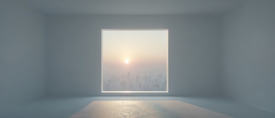 Minimalist White Room With Large Window Overlooking City Skyline