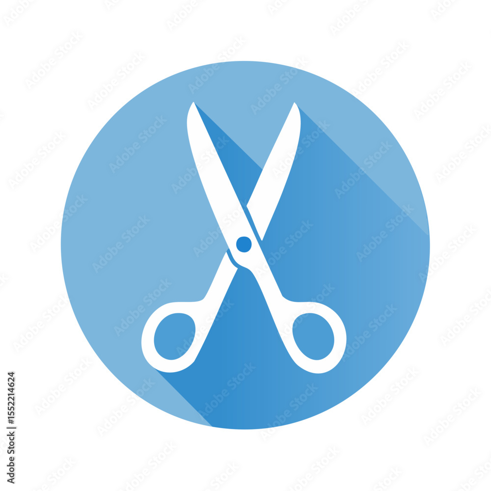 Poster flat design scissors icon in blue circle long shadow cutting tool graphic element