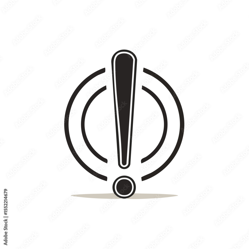 Poster exclamation mark symbol in circle, alert attention warning error sign on dark background