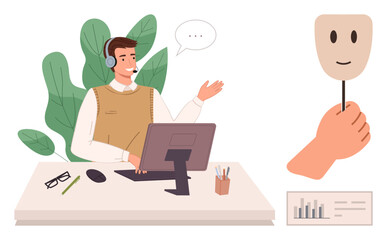 Confident man in headphones at a desk with chat bubble and computer gestures warmly. Hand holds smiling mask symbolizing concealed feelings. Ideal for teamwork, customer service, empathy, mental