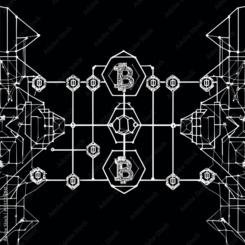 Poster blockchain encryption concept outline with cryptographic sequence on dark teal background for fintec
