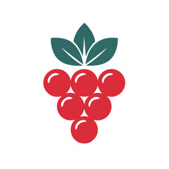 Stylized Red Grapes Illustration with Green Leaves on Black Background Simple Fruit Icon Graphic