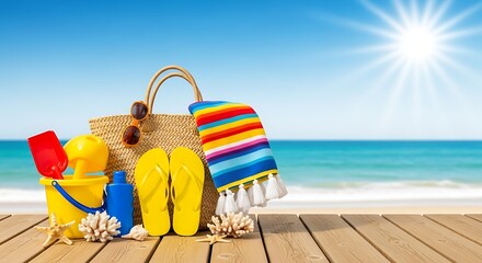 Bright sunny beach day with colorful accessories and ocean view on wooden deck