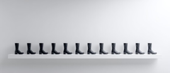 Minimalist Art Installation Featuring Row of Black Boots on Shelf