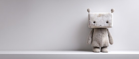 Minimalist Portrait of Plush Toy Robot on Simple Shelf