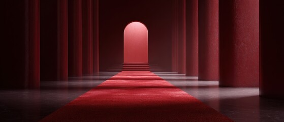 Minimalist Red Corridor with a Single Red Carpet and Archway Entrance