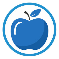 Blue apple with a single leaf icon inside a circular frame for nutrition and healthy living