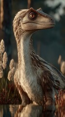 Realistic dinosaur in a lush prehistoric forest during the early morning light