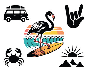 Fototapeta premium Tropical flamingo surf icon set, black silhouette vector icons with waves retro van and island atmosphere capturing fun summer surf and tropical lifestyle themes.