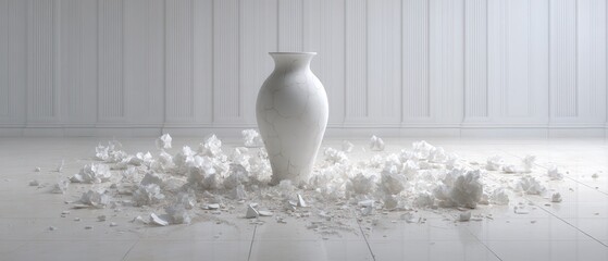 Minimalist White Vase Surrounded by Shattered Fragments on Floor