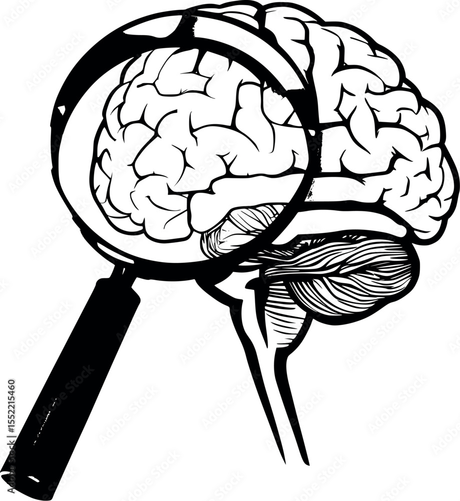 Poster outline of brain with magnifying glass emphasizing focused thinking minimalist vector