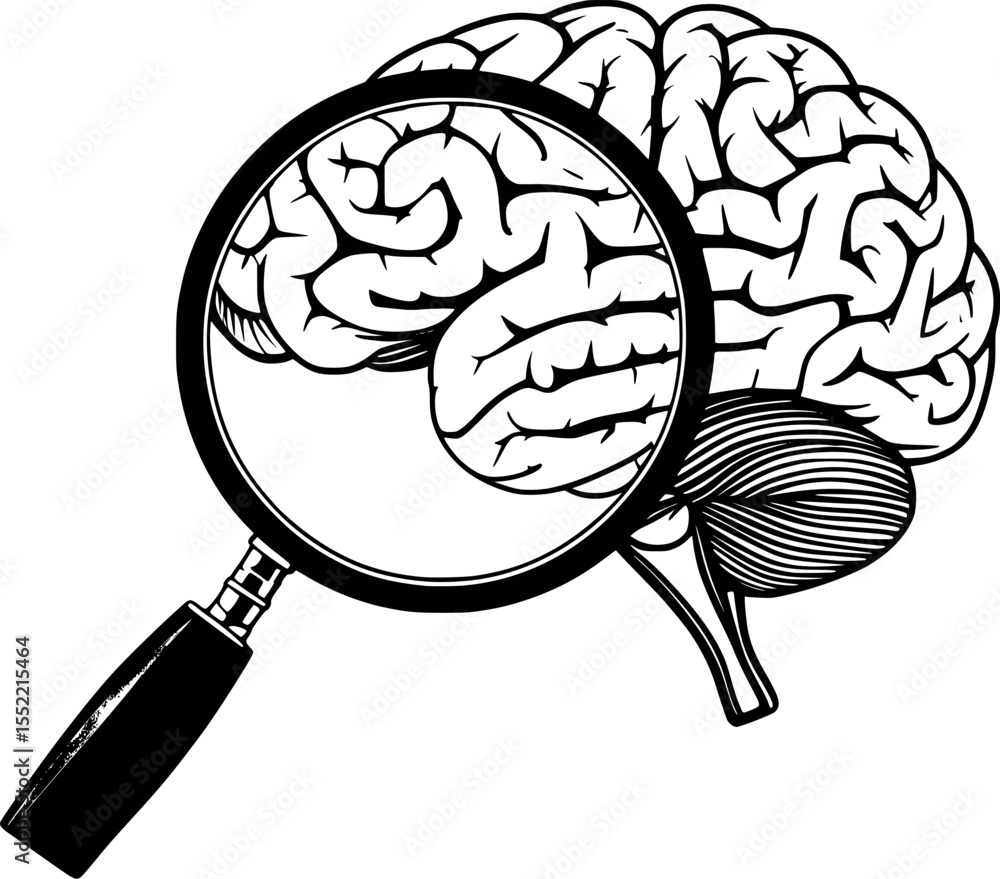 Poster outline of brain with magnifying glass emphasizing focused thinking minimalist vector