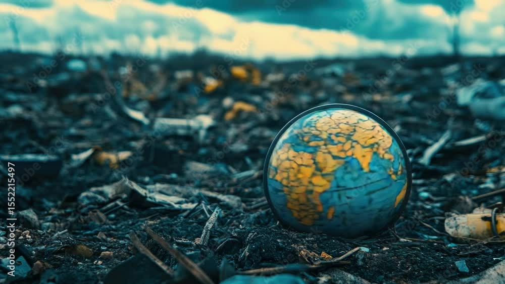 Poster a blue and yellow globe sits atop a dirt field, offering a unique and eye-catching visual