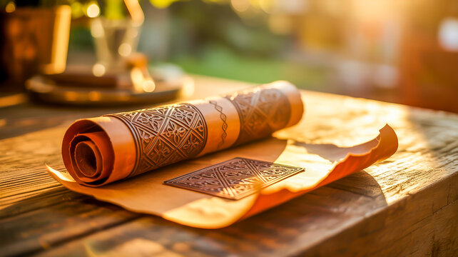 A close-up photograph of an ornate leather scroll resting on a wooden surface in warm golden sunlight.
