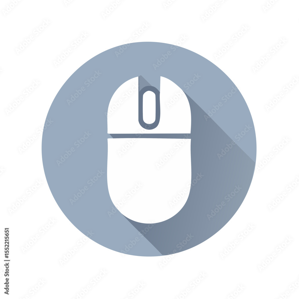 Poster white computer mouse icon on light blue circle with shadow for digital design and technology concept