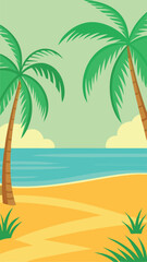 Obraz premium Tropical beach scene with palm trees sandy shore and turquoise ocean illustration