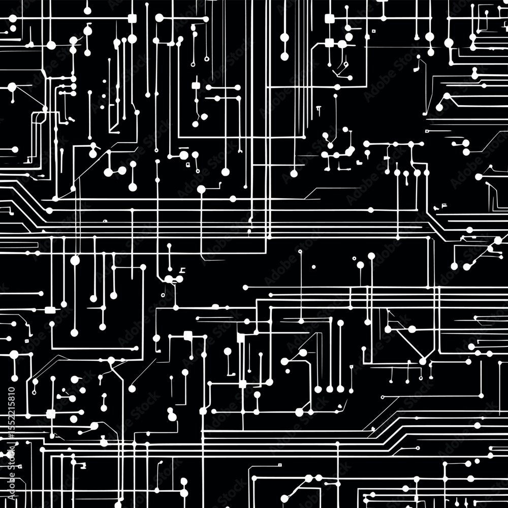 Poster digital circuit board pattern with white outline pathways on dark black background for technology br