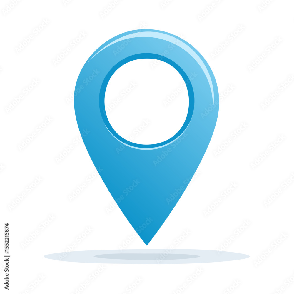 Poster blue location pin icon for map destination search and travel direction concept with shadow isolated 