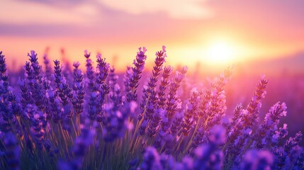 Fototapeta premium Lavish lavender field bathed in golden sunrise light.