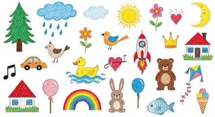 Collection of childrens drawings featuring nature animals toys and weather elements