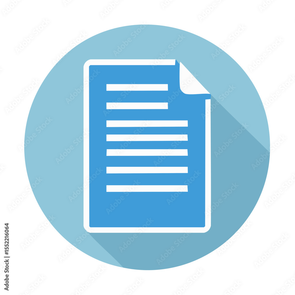 Poster blue document file icon with text lines in modern minimal design and flat long shadow on light blue 