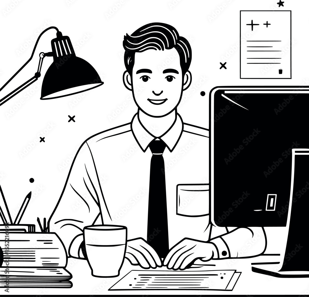Poster office worker outline vector. professional at computer desk with documents minimalist illustration.