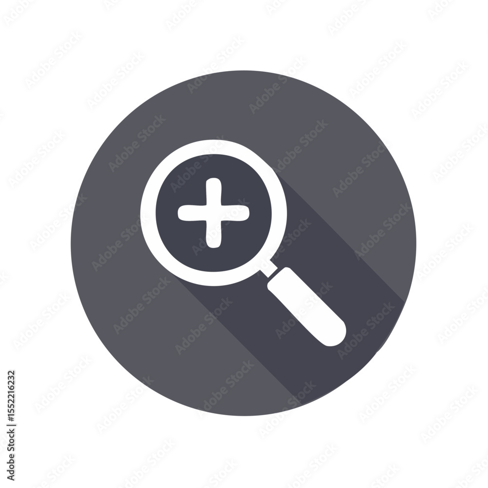 Poster magnifying glass with plus symbol search and explore tool round icon on dark background flat design 
