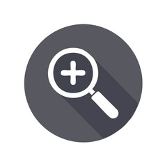 Obraz premium Magnifying glass with plus symbol search and explore tool round icon on dark background flat design search function zoom in symbol