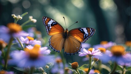 Obraz premium A butterfly in selective focus amidst colorful flowers.