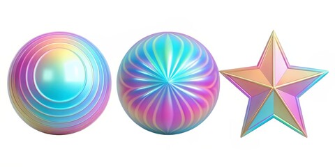 Fototapeta premium Iridescent Shapes Spheres and Star Objects, holographic , 3D