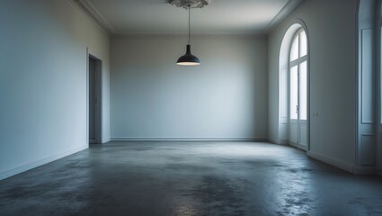 A spacious empty room featuring white walls and a minimalistic pendant lamp, ideal for interior design settings