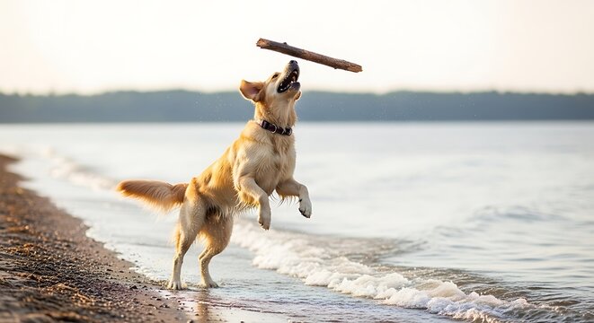 Golden retriever leaps to catch a stick thrown in the water at the beach
