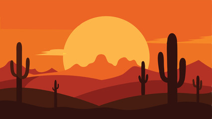 Vector illustration of a desert sunset with silhouette cacti and mountains