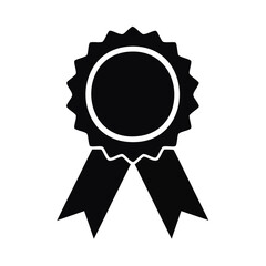 Black ribbon award rosette with white circle on dark backdrop representing achievement or memorial.