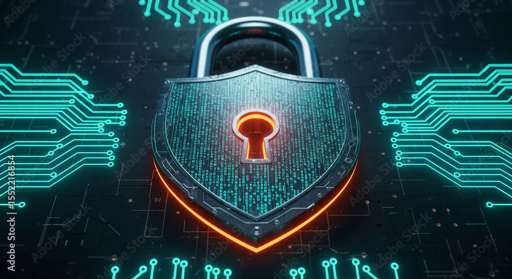 Poster metallic padlock with shield, binary code, circuit board background, symbolizes digital security and