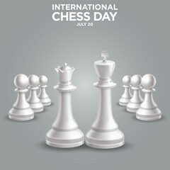International Chess 20 july day Chess King and Queen With Pawn  in white color strategic, decision, leader, win, tower, object, isolated, design, checkmate, leadership, wooden, graphic, classic, check