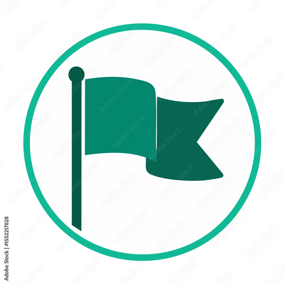 Poster minimalist icon of a green flag on a pole in a white circle with a teal border representing location