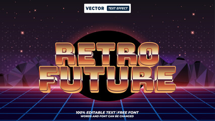 80s and 90s style retro future editable vector text effect. 80s synthwave, cyberpunk, neon vaporwave, futuristic typography design with retro background. 