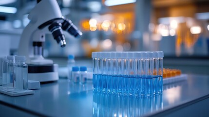 Test tubes filled with a light blue liquid on a laboratory table.