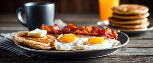 The delicious breakfast plate featuring eggs, bacon, pancakes, and coffee.