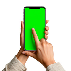 Hands Interact with Smart Phone : A close-up of hands interacting with a smartphone, its vibrant green screen ready for content or application display, suggesting technological ease and connectivity.