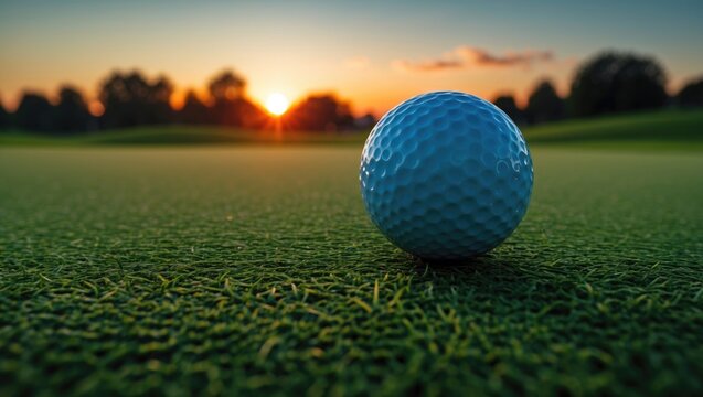 Golf ball close up on green in grass field with sunset. Golf ball on golf course with empty space for text.