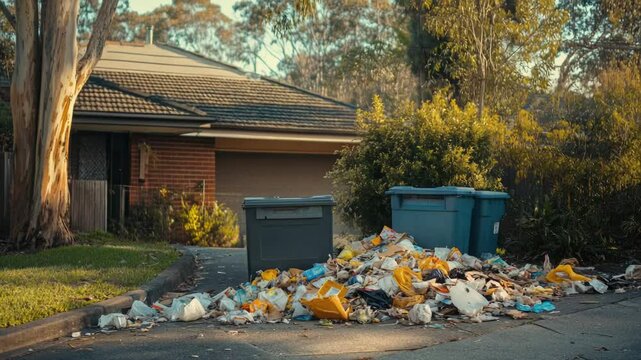 A pile of trash sits on the roadside, with discarded items and debris scattered around