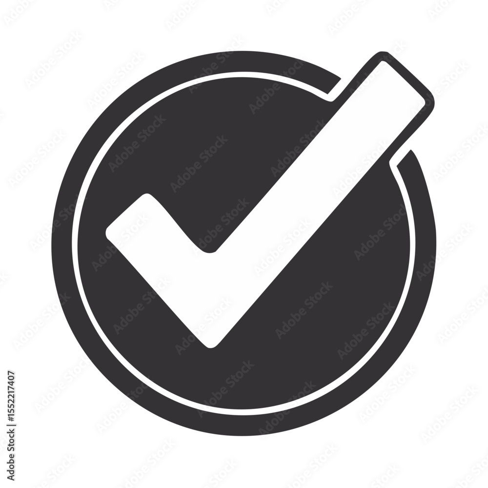 Poster grey circle contains white check mark inside symbolizing acceptance and completion on a black backdr