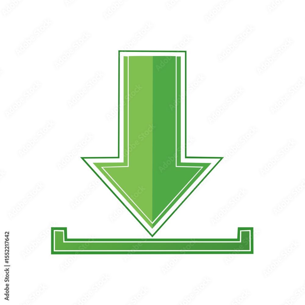 Poster simple green download icon with arrow pointing down for digital resources and data transfer to stora