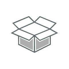 Open cardboard box graphic on black showing empty interior with modern design, packaging concept.