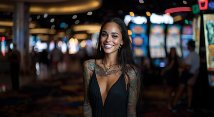 Woman with long dark hair and tattoos smiling in a vibrant casino filled with colorful slot machines