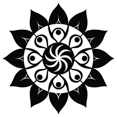 Elegant Black and White Floral Mandala Design  Intricate Circular Pattern with Swirl and Leaf Motifs
