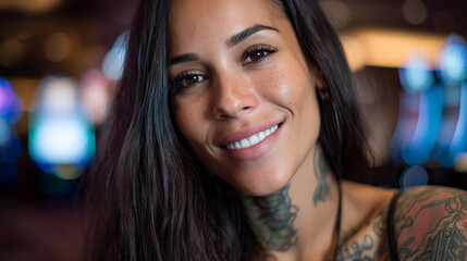Vibrant young woman with dark hair and tattoos smiling in a lively casino setting with colorful lights illuminating the background